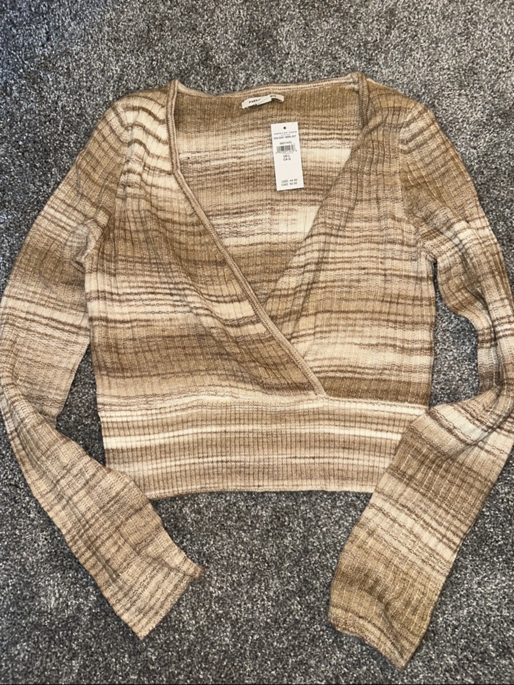 American Eagle Outfitters Brown and Cream Striped Wrap Long Sleeve Top